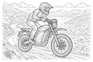 Ein detailliertes Ausmalbild eines Motorradfahrers mit Helm und Schutzkleidung auf einer Reiseenduro in den Bergen. Der Hintergrund zeigt eine kurvenreiche Straße, ferne Hügel und ein Küstental mit weichen Wolken.