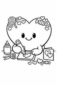 Un simpatico personaggio a forma di cuore con grandi occhi e un sorriso siede a un tavolo da lavoro creando biglietti. Impugna un pennarello grosso, mentre forbici, colla e caramelle sono sparsi intorno.