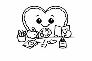 Eine freundliche Herzfigur sitzt an einem Schreibtisch und bastelt Valentinskarten. Sie hält einen Stift und eine Karte mit einem Herz, umgeben von einer Klebeflasche und Papierabschnitten. Die Zeichnung hat dicke, saubere Umrisse und einfache Formen.