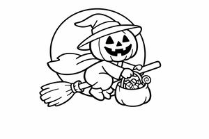 Una simpatica strega con la testa di zucca vola su una scopa davanti a una grande luna circolare. Il personaggio indossa cappello e mantello e tiene un sacchetto di dolci.