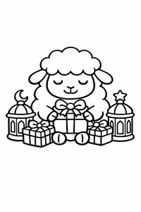 Eine Strichzeichnung eines lächelnden Schafes mit lockiger Wolle, das ein Geschenk hält. Es ist umgeben von zwei kleineren Präsenten und zwei dekorativen Laternen mit Mond- und Sternsymbolen. Die Konturen sind dick und deutlich für einfaches Ausmalen.