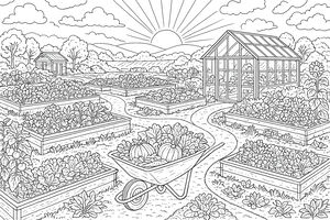 Un disegno da colorare dettagliato che mostra un giardino lussureggiante con molte aiuole e una serra in vetro. In primo piano, una carriola è carica di zucche. Il sole sorge sulle colline nello sfondo con raggi che illuminano il cielo nuvoloso.