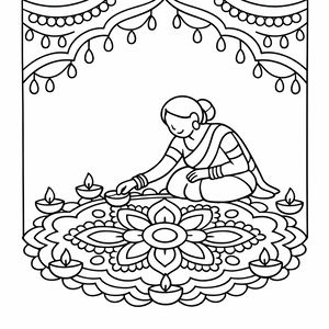 Eine Frau in einem Sari sitzt auf dem Boden und platziert vorsichtig kleine Öllampen um ein großes, kreisförmiges Rangoli-Blumenmuster. Im Hintergrund hängen dekorative Girlanden von der Decke und schaffen eine festliche Diwali-Atmosphäre.