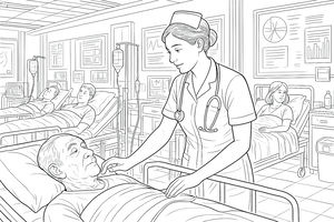 Un'infermiera sorridente con stetoscopio e cuffietta medica assiste un paziente nel suo letto d'ospedale. Sullo sfondo si notano altri letti, macchinari medici complessi e poster anatomici.