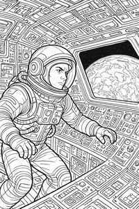 Um astronauta focado num fato espacial detalhado opera vários painéis de controlo no cockpit. Fora da janela, a Terra flutua num fundo espacial escuro e estrelado.