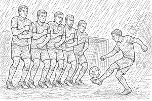 Detaillierte Strichzeichnung eines Fußballers, der einen Ball gegen eine Abwehrmauer aus fünf Spielern schießt. Die Szene spielt auf einem matschigen Feld bei Regen mit einem Tor im Hintergrund.