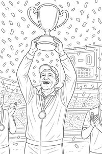 Egy ujjongó fociedző tréningruhában egy nagy bajnoki trófeát tart a feje fölé. Nyakában érem lóg, miközben konfetti hullik a zsúfolt stadionban, a háttérben pedig az eredményjelző látható.