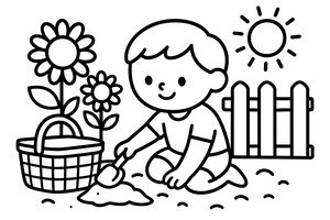 Ein lächelnder Junge kniet auf dem Boden und benutzt eine kleine Handschaufel, um in einem Erdhaufen zu graben. Ein geflochtener Korb steht links von ihm neben zwei großen Sonnenblumen, mit einem Lattenzaun und einer hellen Sonne im Hintergrund.