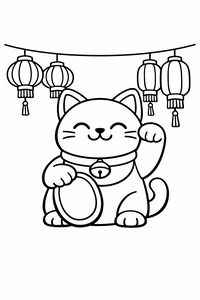 Eine einfache Strichzeichnung einer lächelnden Glückskatze, die mit erhobener Pfote sitzt. Vier runde Papierlaternen hängen an einer Schnur über ihrem Kopf, und die Katze trägt ein Halsband mit einem kleinen Glöckchen.