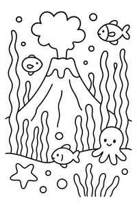 Um vulcão submarino em estilo cartoon a libertar uma nuvem de bolhas. Um polvo sorridente está no fundo do mar ao lado de uma estrela-do-mar. O desenho utiliza linhas grossas e simples.