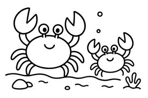 Um caranguejo grande e um pequeno com pinças grandes e rostos sorridentes estão no fundo do mar. Pequenas bolhas flutuam na água perto de um pequeno coral e pedras lisas.