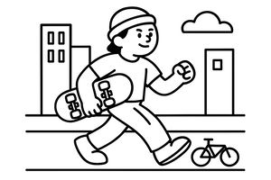 Uma criança alegre com um gorro caminha num passeio da cidade segurando um skate. Ao fundo, veem-se contornos simples de prédios, uma nuvem e uma bicicleta. As linhas são grossas e fáceis de seguir.