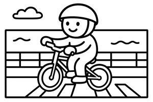 Uma criança sorridente com capacete de ciclista atravessa uma passadeira numa bicicleta pequena. O caminho é junto ao mar com ondas e uma nuvem. O desenho tem contornos grossos e formas simples.