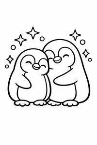 Dois pinguins fofos com olhos fechados e sorrisos felizes abraçam-se. Estão rodeados de estrelas e pequenos círculos, desenhados com contornos pretos grossos num fundo branco.