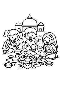 Drei glückliche Kinder sitzen auf dem Boden und gestalten ein großes blumiges Rangoli-Muster mit Farbpulver. Sie halten brennende Wunderkerzen in den Händen, während im Hintergrund ein großer kuppelförmiger Tempel unter klarem Himmel steht.