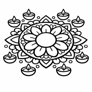 Ein zentrales Mandala mit großen Blütenblättern ist von acht kleinen Öllampen, sogenannten Diyas, umgeben. Die dicken schwarzen Linien bilden klare Bereiche zum Ausmalen und die Lampen haben kleine flackernde Flammen.