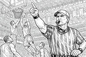 Eine detaillierte Linienzeichnung eines Schiedsrichters im Vordergrund, der in eine Pfeife bläst. Im Hintergrund springen zwei Spieler zum Korb, während Zuschauer die Arena unter Bannern und hellen Lichtern füllen.
