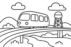 Jednoduchá obrysová kresba vlaku monorail jedoucího po zahnutém mostě. Pod mostem teče řeka a vedle kolejí stojí vodárna pod dvěma mraky.