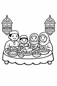 Eine Strichzeichnung einer lächelnden Familie an einem runden Tisch voller Essen zum Eid-Fest. Zwei verzierte Laternen mit Sternen und Sicheln hängen in der Luft. Die Familie besteht aus einem Vater und einem Sohn mit Gebetskappen sowie zwei Frauen mit Hidschāb.