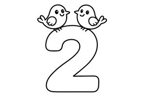 Um número dois grande e destacado serve de poleiro para dois passarinhos felizes que olham um para o outro. O desenho tem contornos grossos e áreas largas ideais para crianças pequenas.