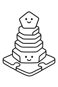 Uma torre feita de cinco blocos pentagonais empilhados sobre um tapete de puzzle quadrado. Os blocos do topo e da base têm rostos felizes simples. As linhas são grossas e arredondadas.