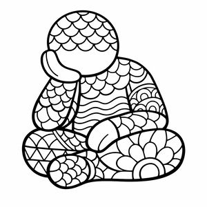 Una figura umana stilizzata siede in una posa meditativa con la testa appoggiata su una mano. Il corpo è decorato con audaci motivi in bianco e nero come squame, onde e petali di fiori su uno sfondo bianco.