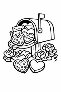 Uma caixa de correio aberta cheia de envelopes e biscoitos, cercada por rosas grandes. Dois corações decorados aparecem no primeiro plano num jardim.