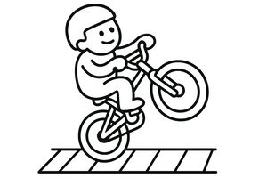 ŠťAstné dítě v helmě jede po zadním kole na bicyklu. Přední kolo je zvednuté ve vzduchu a dítě projíždí po chodníku s diagonálními pruhy.