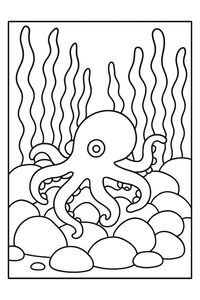 Un simpatico polpo siede su un letto di sassi arrotondati sul fondo del mare. Dietro di lui, alcune lunghe alghe ondulate si protendono verso la superficie. Il disegno presenta linee marcate e pochi dettagli.
