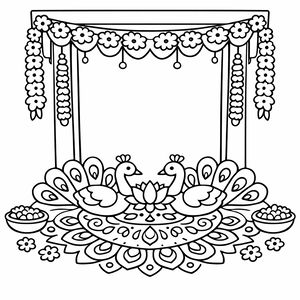 Ein dekorativer Türeingang mit hängenden Blumengirlanden über einem symmetrischen Rangoli-Muster mit zwei Pfauen und einer zentralen Lotusblüte. Kleine Schalen mit Opfergaben stehen an den Seiten des kunstvollen floralen Bodendesigns in dieser Linienzeichnung.