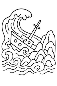 Um desenho simples de um barco inclinado de lado entre ondas gigantes e rochas afiadas. Uma grande onda ergue-se ao fundo enquanto a espuma rodeia o casco.