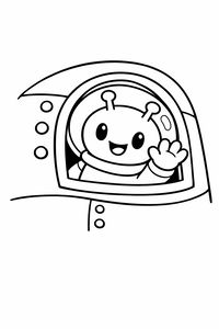 Um desenho simples a preto e branco de um extraterrestre sorridente com pequenas antenas. O alienígena usa um capacete espacial e acena através de uma janela redonda num foguetão.