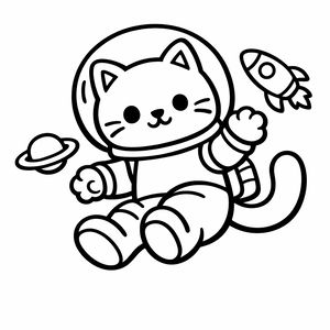 Eine süße Zeichentrickkatze in einem klobigen Weltraumanzug und Helm schwebt schwerelos im Weltraum. Eine Pfote ist zum Gruß erhoben, und eine kleine Rakete sowie ein Planet mit Ring sind im Hintergrund sichtbar.