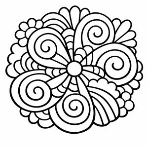 Um círculo central irradia para cinco grandes pétalas em espiral rodeadas por margens onduladas. A imagem tem linhas muito grossas e espaços amplos para facilitar o preenchimento.