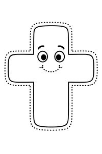 Semplice disegno al tratto di una croce con due grandi occhi tondi e un sorriso punteggiato. La figura è circondata da un bordo tratteggiato per l'esercizio di ricalco.