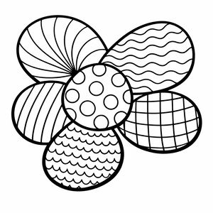 Duży kwiat w stylu doodle z okrągłym środkiem i pięcioma zaokrąglonymi płatkami. Każda sekcja zawiera inny wzór, w tym duże kropki, pionowe paski, poziome fale i kratkę.