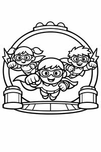Ein Team aus drei gezeichneten Kindersuperhelden mit Masken und Umhängen fliegt durch ein kreisförmiges Metallportal. Sie schauen fröhlich und strecken ihre Fäuste in einer Flugpose aus. Die Linien sind fett und einfach gehalten.