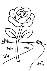 Un semplice disegno a tratteggio di una rosa con un gambo spesso e due foglie accanto a un sentiero sinuoso. Piccole macchie d'erba sono sparse sul terreno in questo giardino minimalista.