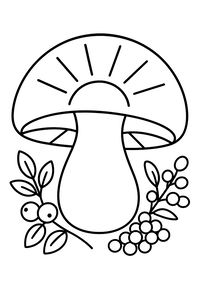 Disegno lineare di un grande fungo con un mezzo sole sul cappello e raggi rivolti verso l'alto. Piccole bacche e foglie circondano la base del gambo.