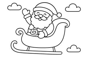 Přátelský Santa Claus s velkým bílým vousem a klasickou čepicí mává jednou rukou ze svých saní. Kolem něj na obloze plují tři nadýchané mraky. Kresba má silné, zaoblené linie vhodné pro nejmenší děti.
