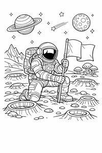 Un astronauta con una tuta spaziale dettagliata si inginocchia sulla superficie di un pianeta piantando una bandiera. Lo sfondo presenta crateri, funghi alieni, un pianeta con anelli e una stella cadente.