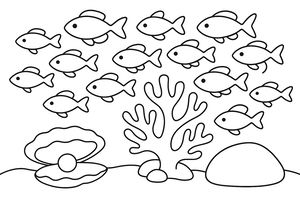 Um desenho simples de contorno em preto e branco de um cardume de peixes a nadar sobre um recife de coral. Uma ostra aberta com uma pérola grande.