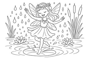 Una felice fata dell'acqua con ali delicate e corona di fiori danza su una ninfea. Grandi gocce di pioggia cadono in uno stagno con ninfee e canne, creando cerchi nell'acqua.