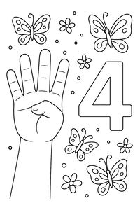 Um desenho de contorno de uma mão mostrando quatro dedos ao lado de um grande número 4. Quatro borboletas decoradas e pequenas flores estão espalhadas sobre um fundo branco.
