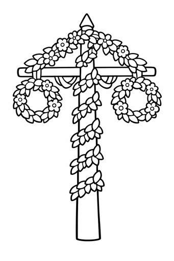 Black and white line drawing of a Swedish midsummer maypole with decorative flower garlands and wreaths