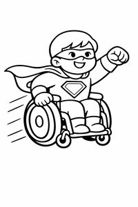 Ein glücklicher Kinder-Superheld im Rollstuhl trägt einen Umhang und eine Maske, während er eine heroische Pose mit erhobener Faust einnimmt. Bewegungslinien hinter den Rädern deuten auf Geschwindigkeit hin, und ein großes Diamantsymbol ist auf der Brust des Kostüms zu sehen.
