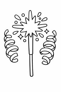 Un semplice disegno in bianco e nero di una stellina scintillante con una scintilla a forma di stella. Lunghe stelle filanti a spirale decorano i lati, circondate da piccoli punti e stelline.