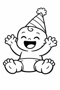 Eine einfache Strichzeichnung eines glücklichen Babys, das sitzt und mit weit geöffneten Armen lacht. Das Baby trägt eine Windel und einen gestreiften kegelförmigen Partyhut. Dicke Konturen definieren die Figur vor einem weißen Hintergrund.