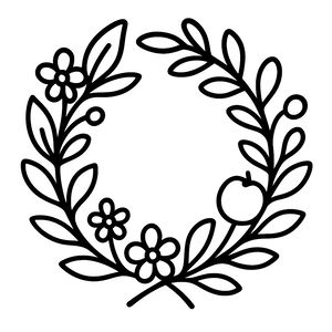 Semplice disegno al tratto di una ghirlanda circolare composta da rami frondosi. Tre piccoli fiori e un frutto rotondo sono inseriti nel fogliame. L'immagine presenta contorni spessi e un centro bianco pulito.