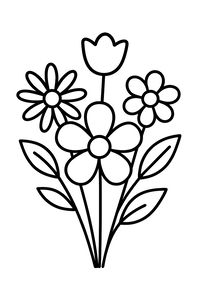 Un semplice disegno al tratto di un mazzo di fiori. Include un tulipano in alto, una margherita a sinistra e altri due fiori con cinque e sei petali. Quattro grandi foglie incorniciano i gambi in basso.
